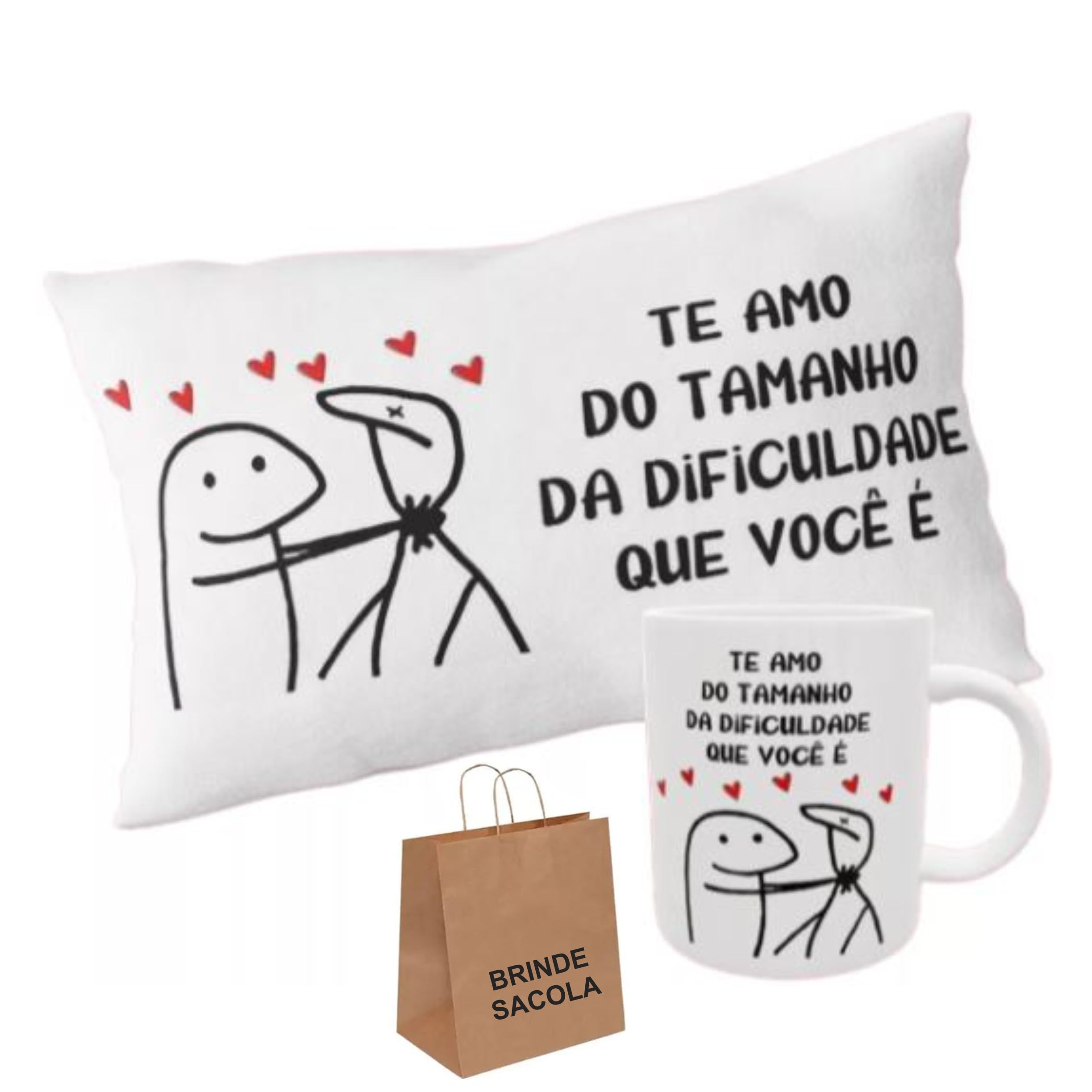 Kit Caneca e Almofada Flork Meme Te Amo Namorados