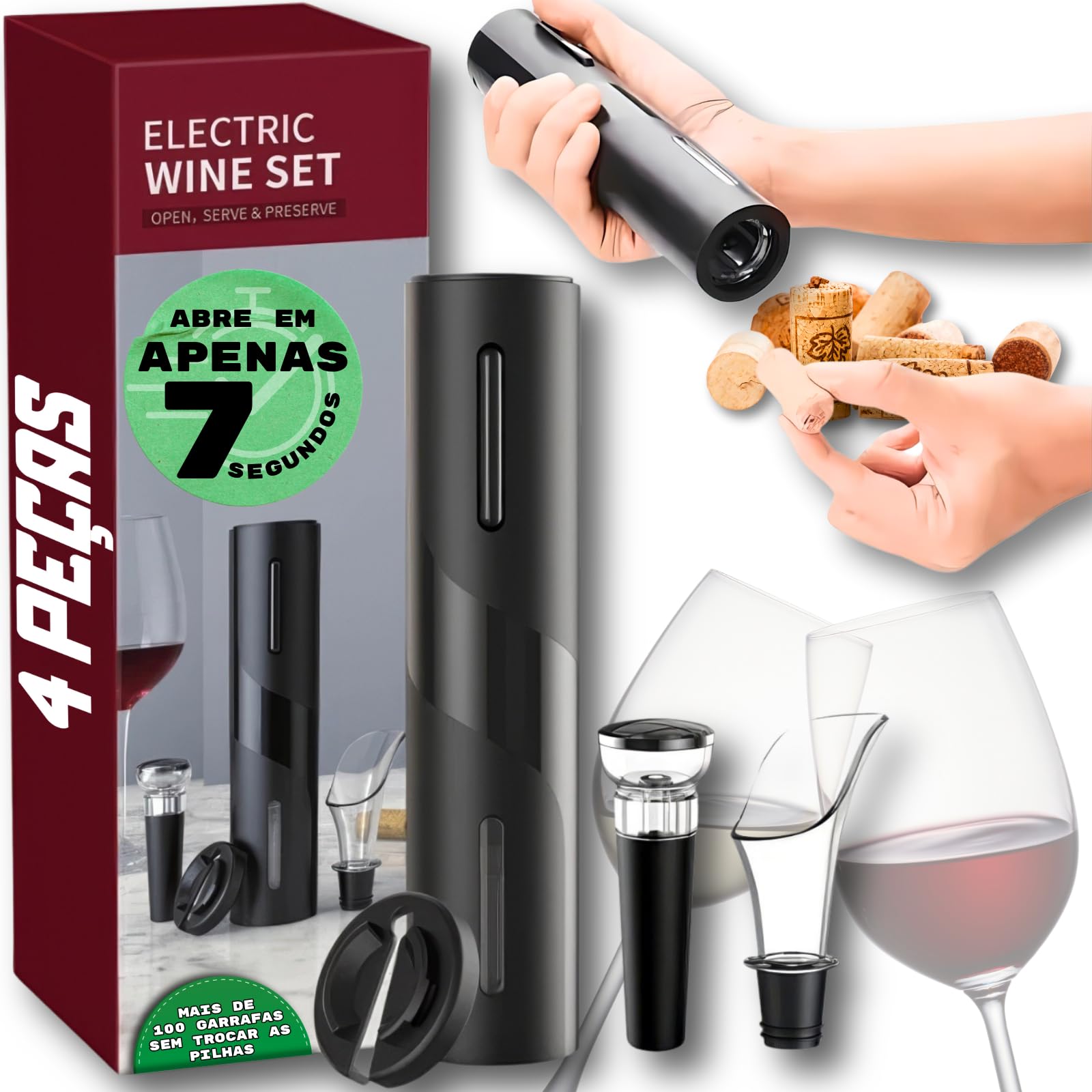 Kit Abridor de Vinho Elétrico 4 em 1