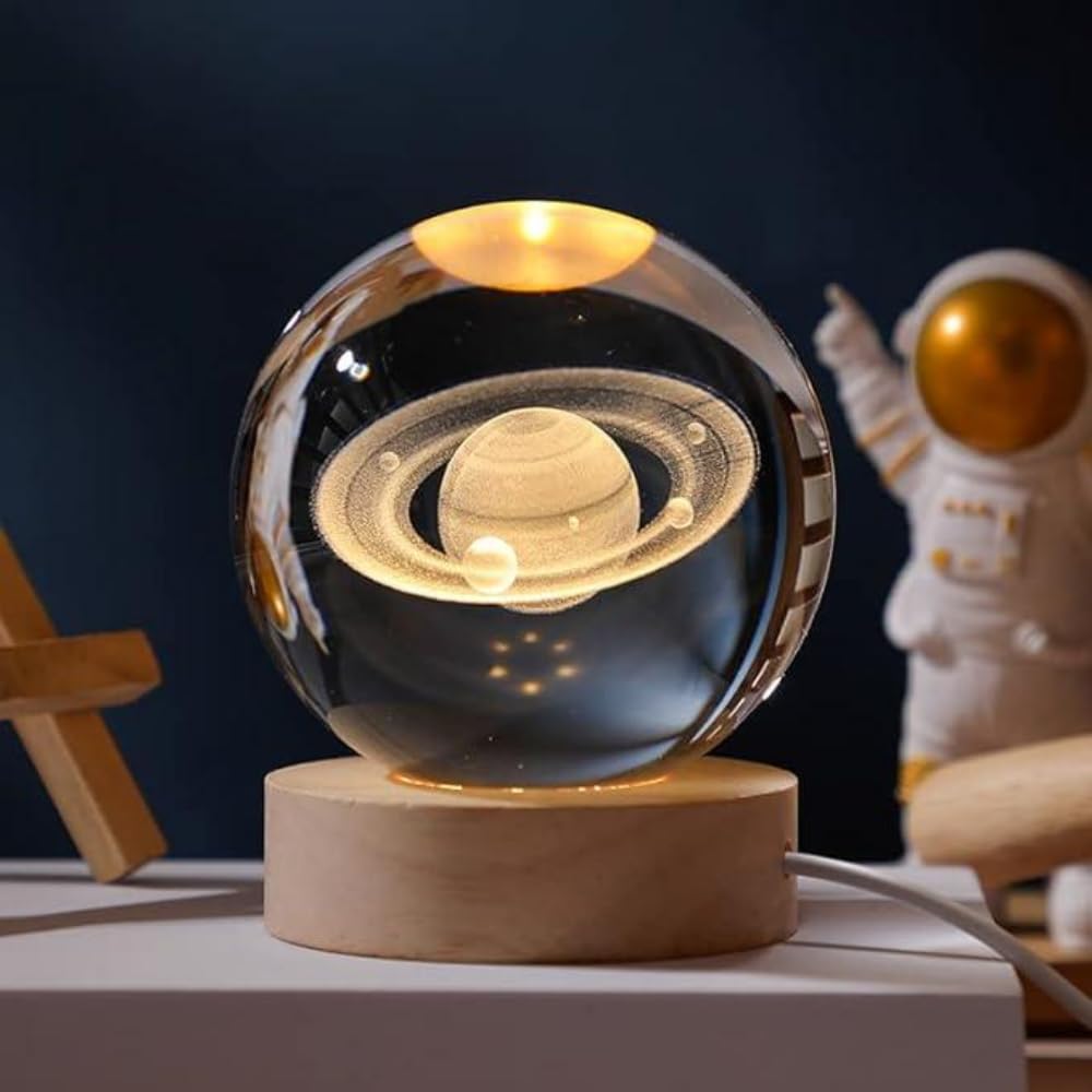 Luminária LED Bola de Cristal 3D com Base de Madeira