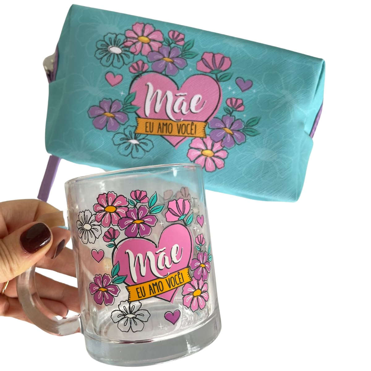 Kit Caneca de Vidro e Necessaire ‘Mãe Eu Amo Você’