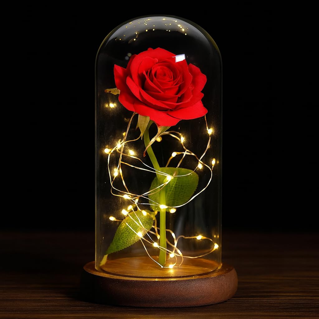 Cúpula com Rosa Artificial Vermelha LED – Decoração romântica e duradoura