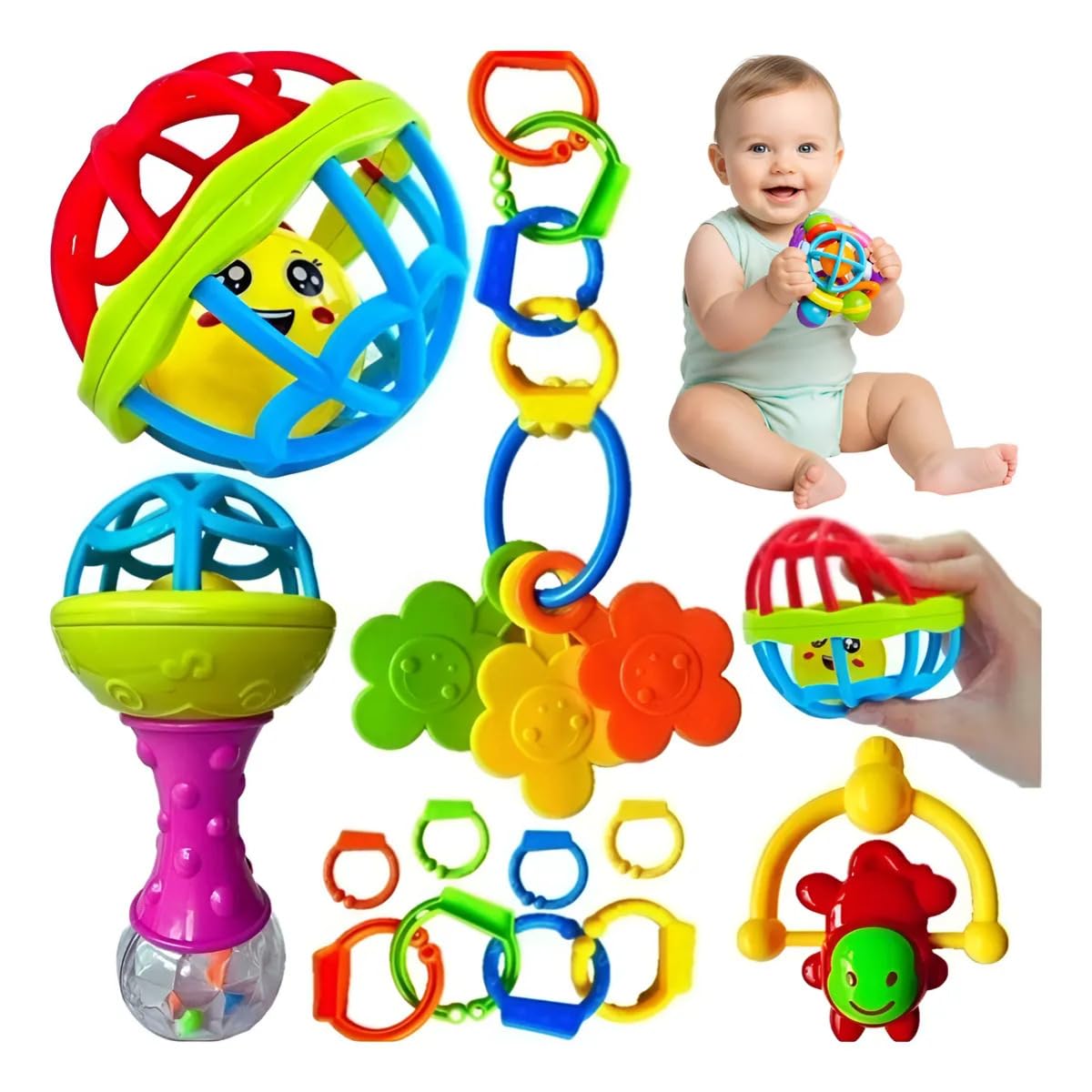Kit Chocalhos e Mordedores para Bebê 8 Peças