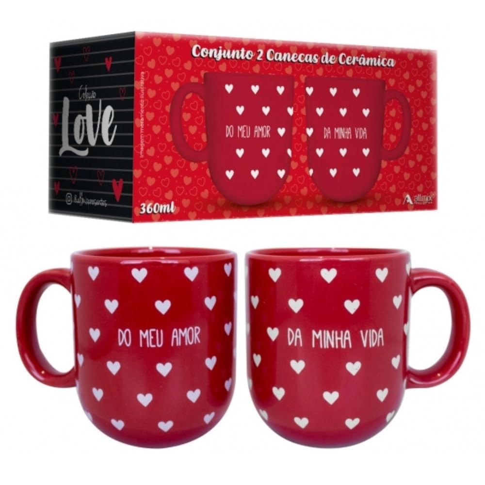 Kit com 2 Canecas de Cerâmica Vermelhas com Frases Românticas
