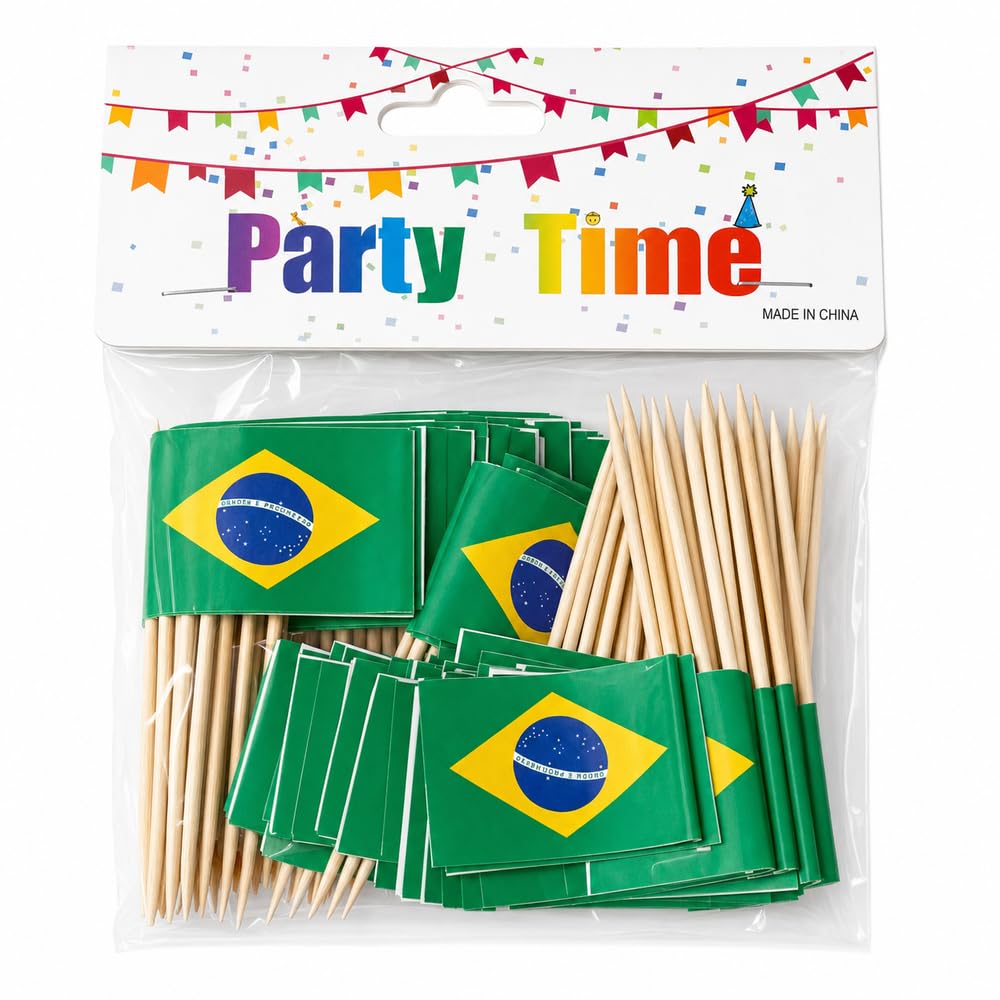 Kit 100 Palitos Bandeira do Brasil para decoração e petiscos