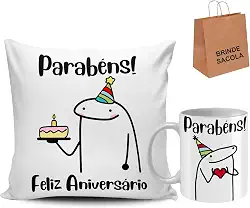Kit Caneca e Almofada Flork Meme Aniversário