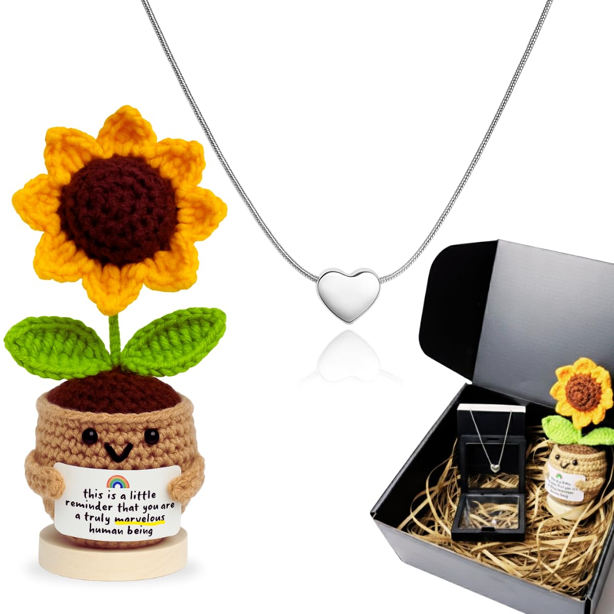 Kit Colar Coração com Girassol de Crochê