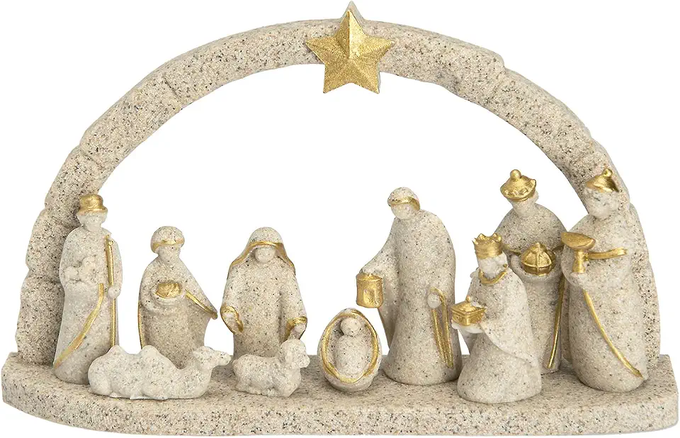 Conjunto de Presépio de Natal em Resina com Detalhes Dourados (11 Peças)